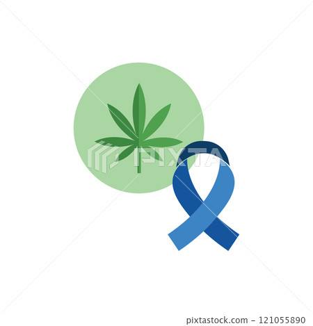 Green cannabis leaf next to blue awareness ribbon for medical marijuana Green cannabis leaf next to blue awareness ribbon for medical marijuana 121055890