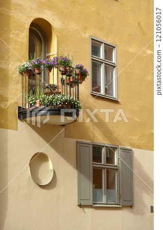 View of yellow city houses in Stockholm, Gamla Stan with potted flowers and plants growing on a balcony. Travel, tourism abroad, overseas for holiday, vacation. Scenic architecture view of empty home View of yellow city houses in Stockholm, Gamla Stan with potted flowers and plants growing on a balcony. Travel, tourism abroad, overseas for holiday, vacation. Scenic architecture view of empty home 121056017