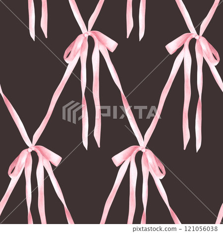 Pink silk bow seamless pattern. Watercolor cute hair ribbon, Girl coquette style fabric in diamond lattice design. Girly product packaging, wallpaper. Hand drawn illustration Isolated dark background Pink silk bow seamless pattern. Watercolor cute hair ribbon, Girl coquette style fabric in diamond lattice design. Girly product packaging, wallpaper. Hand drawn illustration Isolated dark background 121056038