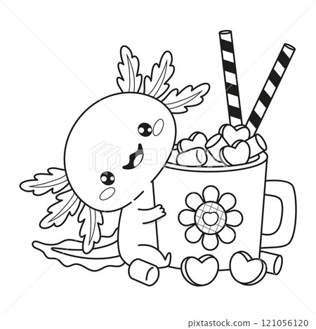 Outline cartoon Cute Axolotl with festive cup Hot Cocoa with Marshmallows, hearts and candy. Smiling funny little kawaii character. Line drawing, coloring book. Vector illustration. Kids collection. Outline cartoon Cute Axolotl with festive cup Hot Cocoa with Marshmallows, hearts and candy. Smiling funny little kawaii character. Line drawing, coloring book. Vector illustration. Kids collection. 121056120