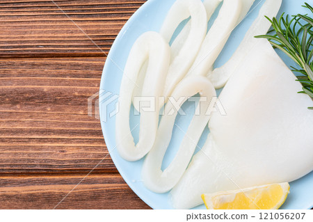 Squid tube and ring photography . Seafood top view Squid tube and ring photography . Seafood top view 121056207