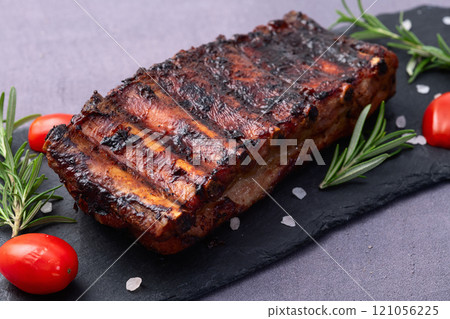 Grilled Pork ribs barbecue photography . Top view 121056225