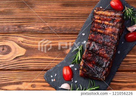 Grilled Pork ribs barbecue photography . Top view 121056226