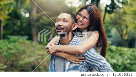 Japan, outdoor and couple with piggy back, love and bonding together with relationship. Romance, care and man carrying woman with trust, smile and marriage with nature, travel and commitment 121056331