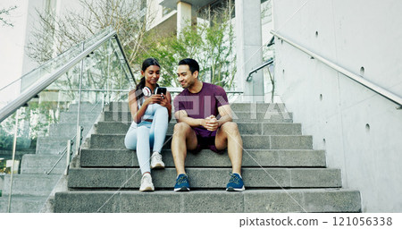Steps, city and couple with smartphone, exercise break and smile for support and challenge in New York. Athlete, man and woman in urban town for health, wellness and training for marathon endurance 121056338