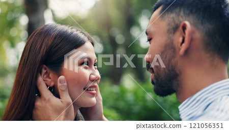 Japan, outdoor and couple with love, relationship and bonding together with break. Romance, man and woman in park, trust and marriage with nature, travel and commitment with vacation and joyful Japan, outdoor and couple with love, relationship and bonding together with break. Romance, man and woman in park, trust and marriage with nature, travel and commitment with vacation and joyful 121056351