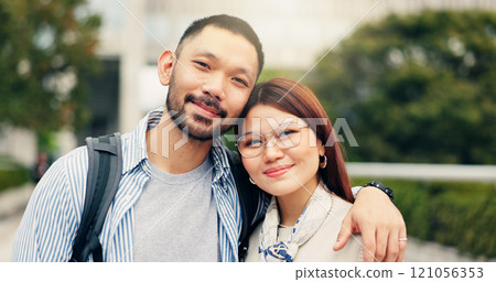 Japan, portrait and couple in city, love and bonding together with relationship. Romance, man and woman in park, trust and marriage with nature, travel and commitment with weekend break and care 121056353