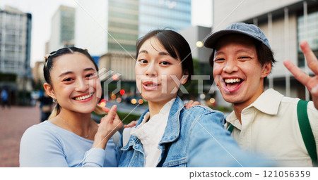 Group, people and selfie with portrait in city of photography, social media post and travel abroad. Friends, commute and profile picture update with tourism memory, reunion and bonding in urban Japan 121056359