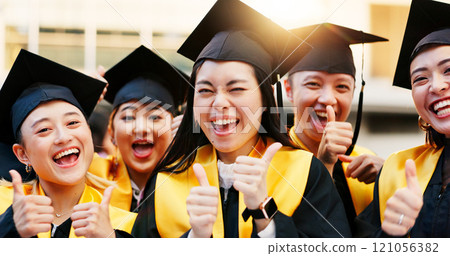 Asian people, excited or thumbs up for graduation or portrait on campus to celebrate success. Graduates, group or university students with scholarship, education goal or certificate approval in Japan Asian people, excited or thumbs up for graduation or portrait on campus to celebrate success. Graduates, group or university students with scholarship, education goal or certificate approval in Japan 121056382