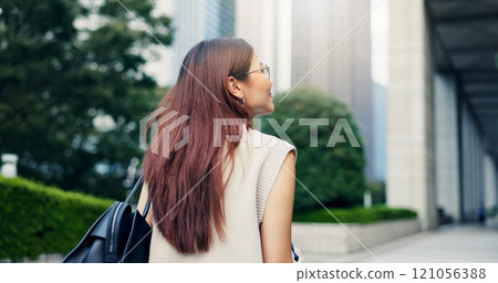 Back, travel and walking with woman, adventure and tourism with journey, outdoor and calm. Japanese person, buildings and girl with break, commute and vacation with urban town and summer holiday Back, travel and walking with woman, adventure and tourism with journey, outdoor and calm. Japanese person, buildings and girl with break, commute and vacation with urban town and summer holiday 121056388