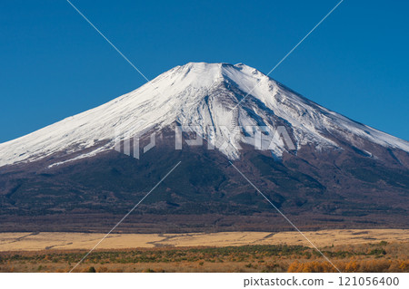 Mt. Fuji in autumn with autumn leaves and snow on the Lake Yamanaka side 121056400