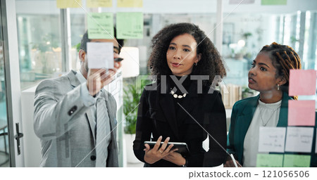 Teamwork, meeting and business people on tablet in office for schedule, brainstorming and problem solving. Sticky notes, corporate and workers on digital tech for planning, research and collaboration 121056506