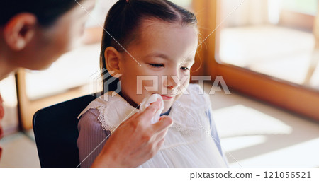 Wipe, tissue and Asian child with parent in home after eating, breakfast and lunch with napkin for cleaning face. Family, childcare and young girl with mom for hygiene, cleanliness and help in Japan Wipe, tissue and Asian child with parent in home after eating, breakfast and lunch with napkin for cleaning face. Family, childcare and young girl with mom for hygiene, cleanliness and help in Japan 121056521