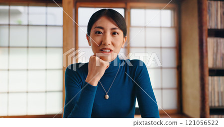 Video call, remote work and portrait of Asian woman in home for conversation, online chat and virtual meeting. Freelance, professional and person for communication, discussion and talking in Japan 121056522