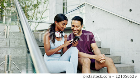 Steps, city and couple with phone, exercise break and smile for support or challenge in New York. Athlete, man and woman in urban town with health tracker, fitness and training for marathon endurance Steps, city and couple with phone, exercise break and smile for support or challenge in New York. Athlete, man and woman in urban town with health tracker, fitness and training for marathon endurance 121056529