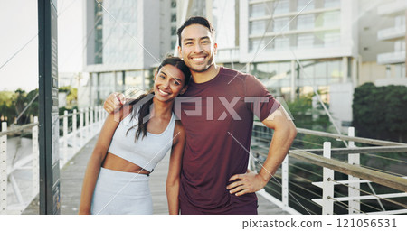 Portrait, city and couple with workout, exercise and smile for support and challenge in New York. Athlete, man and woman in urban town for health, wellness and training break for marathon endurance Portrait, city and couple with workout, exercise and smile for support and challenge in New York. Athlete, man and woman in urban town for health, wellness and training break for marathon endurance 121056531