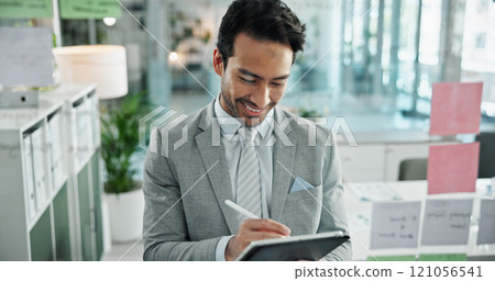 Idea, planning and business man on tablet in office for schedule, brainstorming and problem solving on glass. Professional, corporate and man on digital tech for website, research and sticky notes 121056541