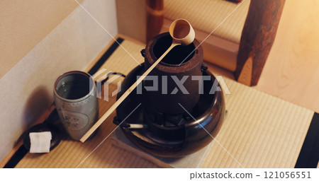 Pot, Japanese and tea ceremony for culture, heritage and respect with traditional beverage. Utensils, matcha and organic for healthy drink, preparation and hospitality as practice or welcome in home 121056551
