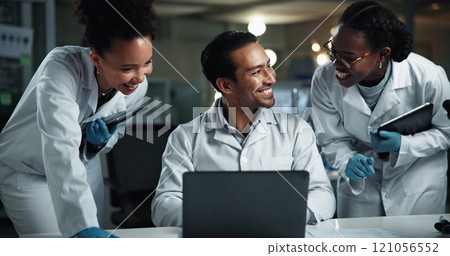 Man, team and happy scientist with laptop at laboratory for results, progress and medical research. People, group and excited with diversity at night for drugs, vaccine or good news for pharma career 121056552