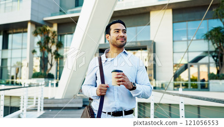 Coffee, smile and businessman walk in city with outdoor, morning commute and travel for trip. Law firm, attorney or lawyer intern with New York opportunity, confidence and excited for advocate job 121056553