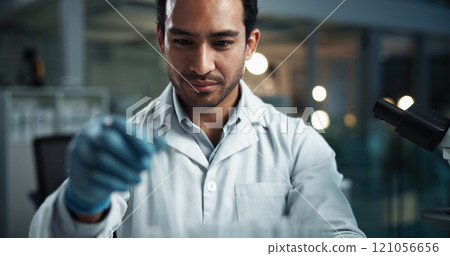 Scientist, man and test tube by microscope in lab with chemical, check and process for vaccine development. Person, glass container and medical research with insight for drugs in pharmaceutical trial Scientist, man and test tube by microscope in lab with chemical, check and process for vaccine development. Person, glass container and medical research with insight for drugs in pharmaceutical trial 121056656