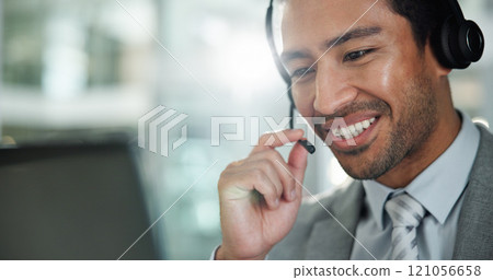Man, call center and smile with computer, contact and customer service with reading in modern office. Person, consultant or agent with microphone, happy and voip connection for support at help desk 121056658
