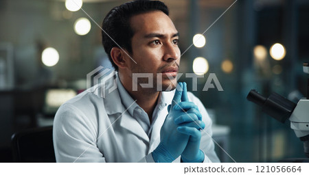 Scientist, man and thinking by microscope in lab for problem solving with medical research for vaccine. Person, reflection and perspective for solution, pharmaceutical and clinical trial for drugs 121056664