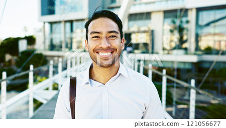 Portrait, smile and businessman in city with outdoor, morning commute and travel for trip. Law firm, attorney or lawyer intern with New York opportunity, confidence and excited for advocate job 121056677