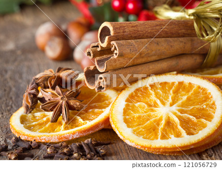 Christmas background, traditional caramelized orange slices Christmas background, traditional caramelized orange slices 121056729