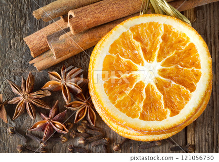 Christmas background, traditional caramelized orange slices 121056730