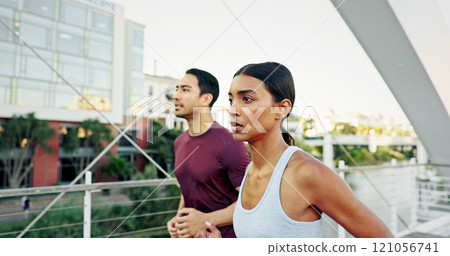 Interracial couple, runner and fitness in city for workout, exercise or training together in urban town. Man, woman and athlete with cardio, sports or marathon for endurance and health or wellness Interracial couple, runner and fitness in city for workout, exercise or training together in urban town. Man, woman and athlete with cardio, sports or marathon for endurance and health or wellness 121056741