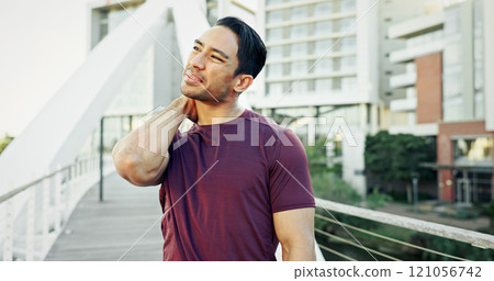 Runner, neck pain and injury or ache with workout, strain and exercise in city. Man, athlete and stretching with accident, sore or bruise with inflammation and outdoor training for fitness in town 121056742