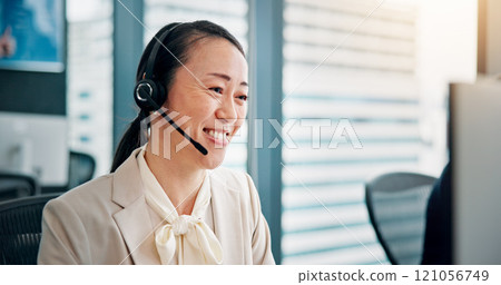Advice, businesswoman and headset with computer for call center, crm system or customer service. Office, sales support or female agent with mic for communication, telemarketing or consulting in Japan 121056749