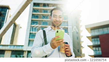 Businessman, phone and browsing with coffee in city for online chatting, texting or app. Happy man, employee or traveler with smile on mobile smartphone for social media, communication or network Businessman, phone and browsing with coffee in city for online chatting, texting or app. Happy man, employee or traveler with smile on mobile smartphone for social media, communication or network 121056754