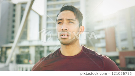 Running, thinking and tired with man in city for cardio, marathon practice and workout. Health, competition training and fitness with male person in outdoor for reflection, exercise and sports 121056755