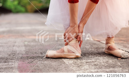 Ballet, ankle pain and Injury with feet of woman in street of Japan for steps, first aid and joint ache. Dancing, talent and ballerina with closeup of person in city for fibromyalgia and accident 121056763