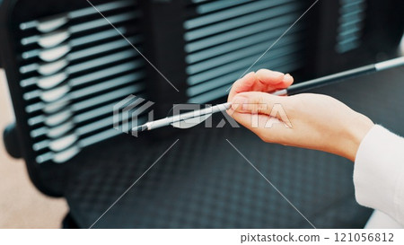 Sports, archery or hands of person with arrow for training, field or preparing for competition, equipment or game. Bow gear, range and practice in tournament with archer, object or hobby in Japan 121056812