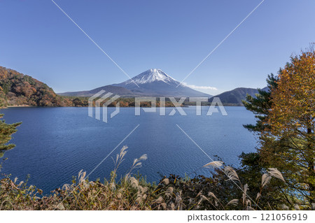 Mt. Fuji in autumn with autumn leaves and snow on the top, Lake Motosu 121056919