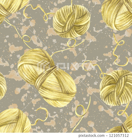 Skein of knitting thread seamless pattern. Green yellow pastel coloured ball of yarn clipart on Watercolor splashes coloured isolated background. Hand drawn illustration in realistic style for fabric. Skein of knitting thread seamless pattern. Green yellow pastel coloured ball of yarn clipart on Watercolor splashes coloured isolated background. Hand drawn illustration in realistic style for fabric. 121057312