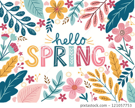 Hello Spring typography framed with decorative botanical Hello Spring typography framed with decorative botanical 121057753