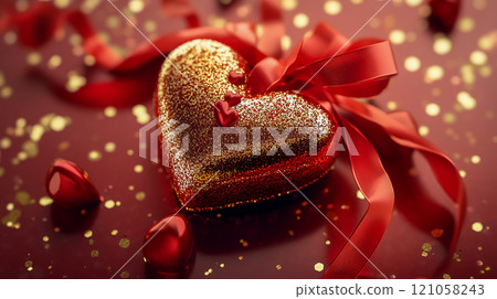 帶有紅色絲帶和心的金色情人節圖像 121058243