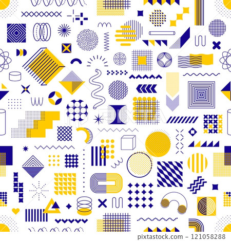 Geometric memphis shape elements seamless pattern. Abstract graphic vector background with modern memphis pattern of trendy line geometric shapes. Yellow blue squares, circles, dots and grid figures 121058288