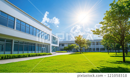 Green lawn and school campus 121058318