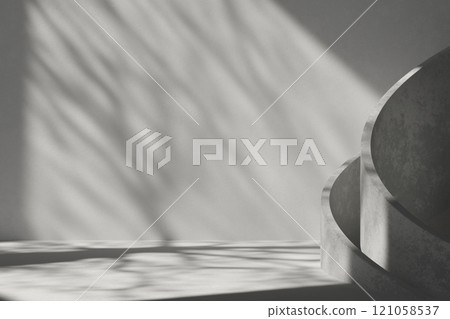 Empty scene with copy space for product placement. Ideal for highlighting premium goods. Gray color, concrete surfaces industrial style. Beautiful light and shadows effect. Product display mockup. 3D. Empty scene with copy space for product placement. Ideal for highlighting premium goods. Gray color, concrete surfaces industrial style. Beautiful light and shadows effect. Product display mockup. 3D. 121058537