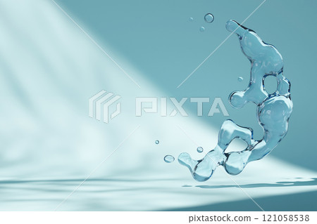Empty scene with water splashes and copy space for product placement. Ideal for highlighting premium goods. Fresh, blue color. Beautiful light and shadows effect. Product display mockup. 3D render. 121058538