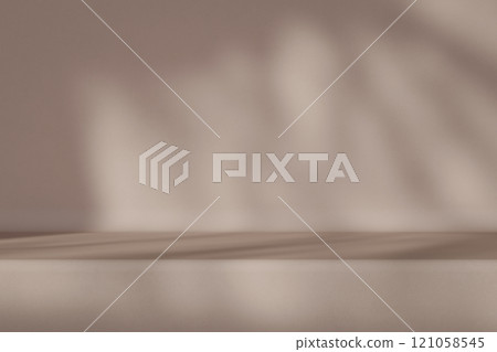 Empty scene with copy space for product placement. Ideal for highlighting premium goods. Warm, brown colors. Beautiful light and shadows effect. Product display mockup. 3D render. Empty scene with copy space for product placement. Ideal for highlighting premium goods. Warm, brown colors. Beautiful light and shadows effect. Product display mockup. 3D render. 121058545