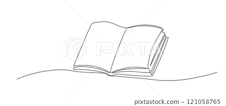 Open book one line sketch. Hand drawn doodle vector illustration isolated on white background 121058765