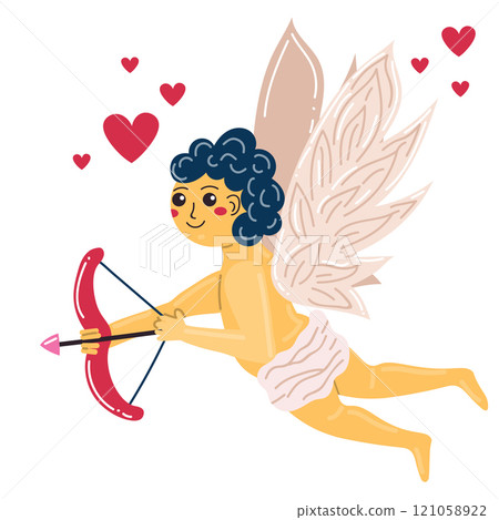 Cute cartoon flying Cupid with bow and arrow aiming to somebody. Happy Valentine's day mascot or symbol. 121058922