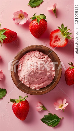 Organic strawberry extract powder on wooden bowl, natural ingredient for baking or skincare Organic strawberry extract powder on wooden bowl, natural ingredient for baking or skincare 121059122