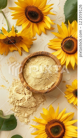Natural sunflower flour extract on wooden bowl for skincare ingredient treatment 121059126